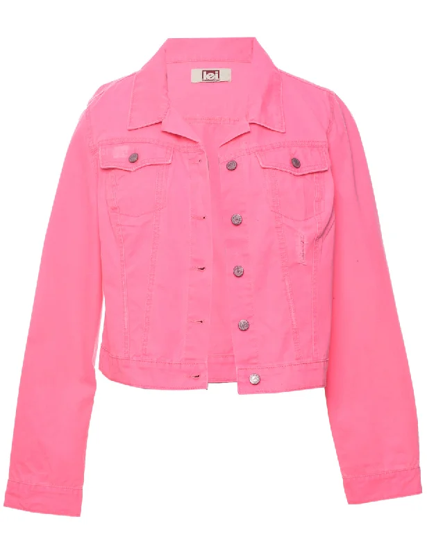 Hurry In Pink Distressed Lei Denim Jacket - L