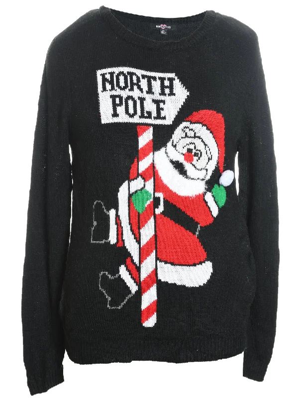 Santa Claus Design Black Knit Christmas Jumper - XL