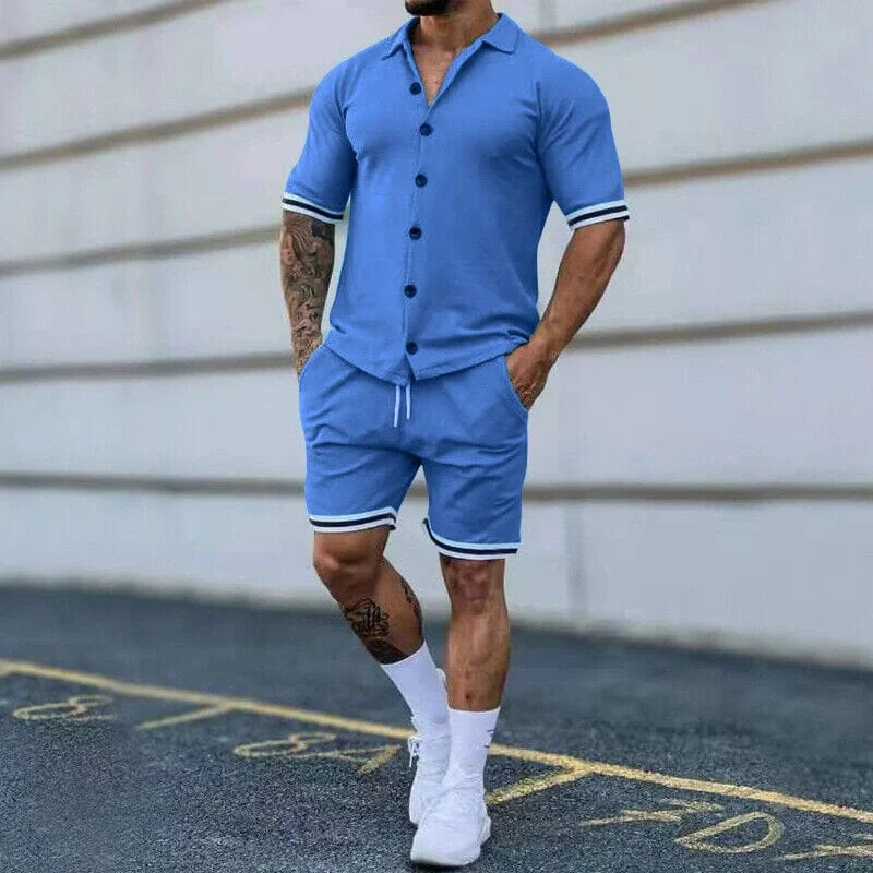 2-Piece Set: Men's Short Sleeve Plain Stripes Lapel