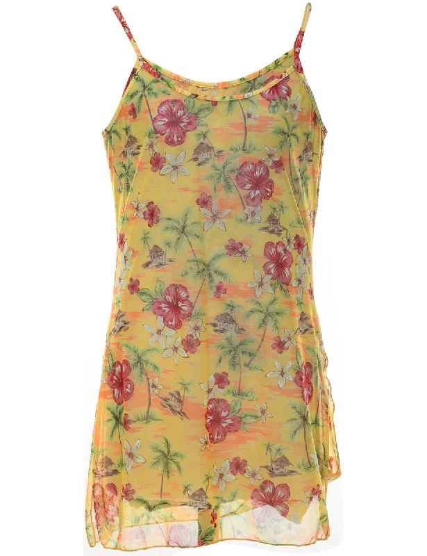 Can't Beat Pink & Yellow Sheer Strappy Hawaiian Slip Dress - M