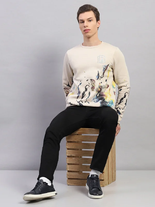 Men Beige Printed Round Neck Full Sleeve Sweatshirt