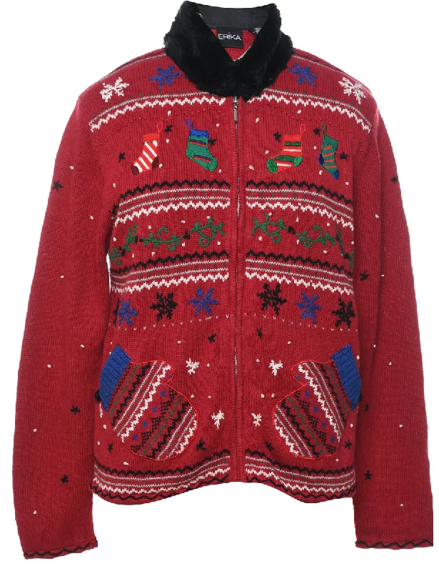 Year-End Sale Red Christmas Cardigan - M