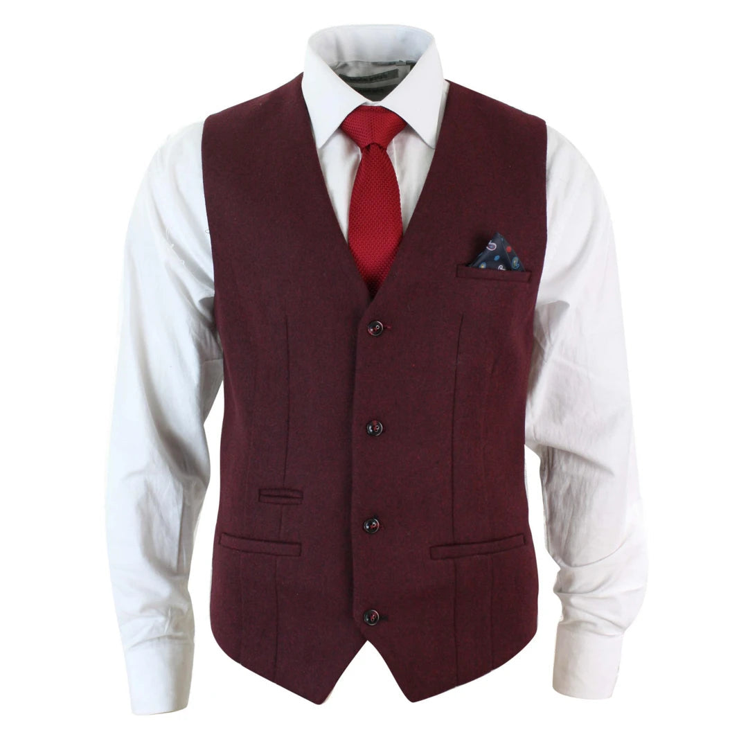 Men's Burgundy Maroon Black Herringbone Tweed Waistcoat