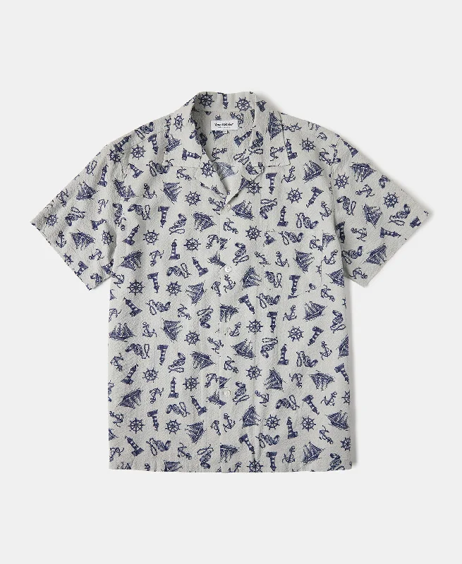 Nautical Printed Seersucker Short Sleeve Camp Shirt - Light Gray