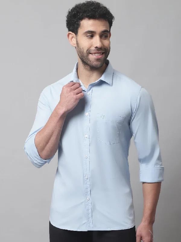 Men's Sky Blue Casual Plain Stretch Full Sleeve Shirt