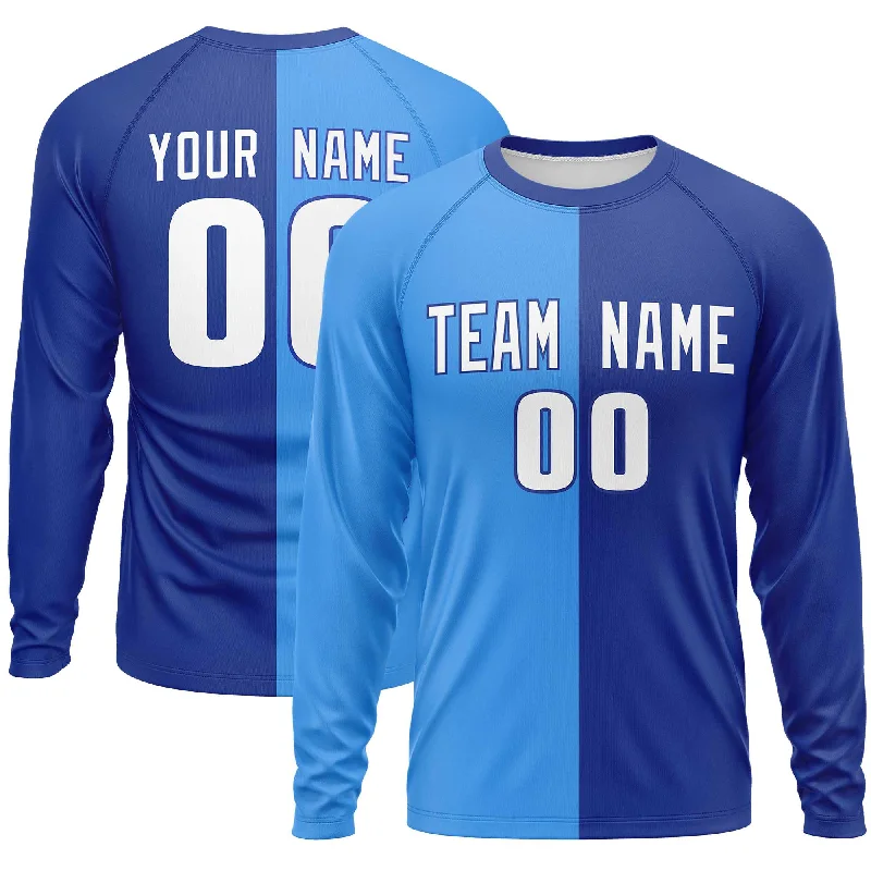 Weekend Specials to Relish Custom Powder Blue Royal Crew Neck Split Design Long Sleeve Performance T-Shirt Weekend Specials to Relish Custom Powder Blue Royal Crew Neck Split Design Long Sleeve Performance T-Shirt