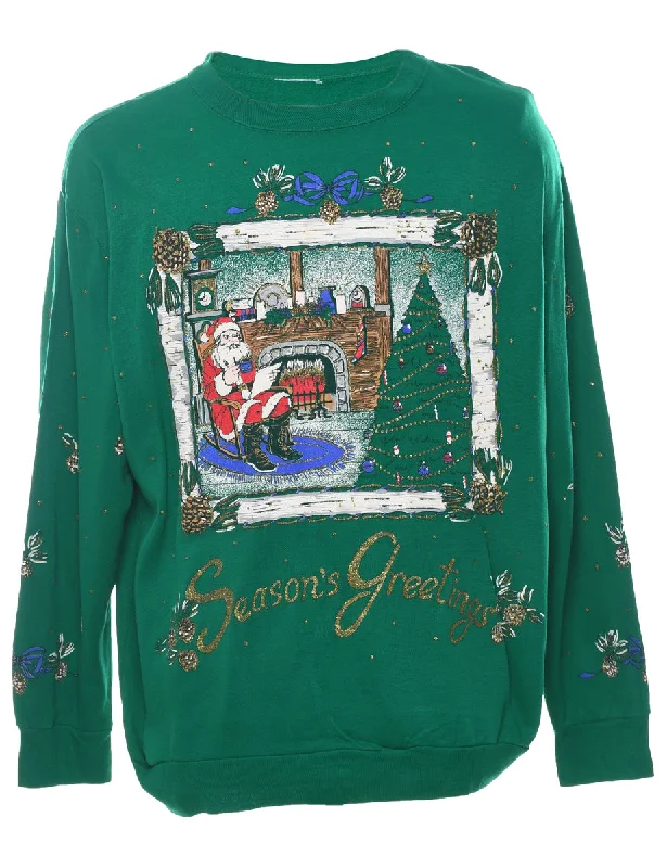 Santa Claus Design Dark Green Christmas Sweatshirt - M