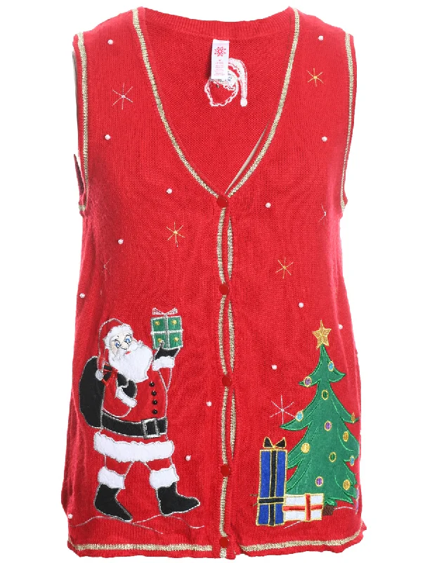 Santa Claus Design Red Knit Christmas Vest - M