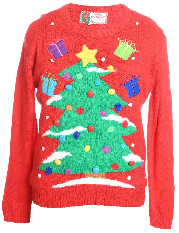 Weekend Savings Spectacle Red Christmas Tree Design Knit Jumper - M
