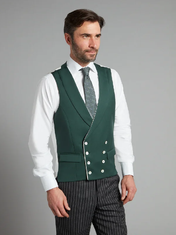 Double Breasted Wool Waistcoat With Piping - Hunter Green