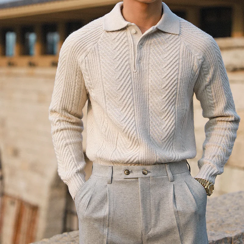 Best Seller Geometric Patten Knitted Long Sleeve Polo Shirt
