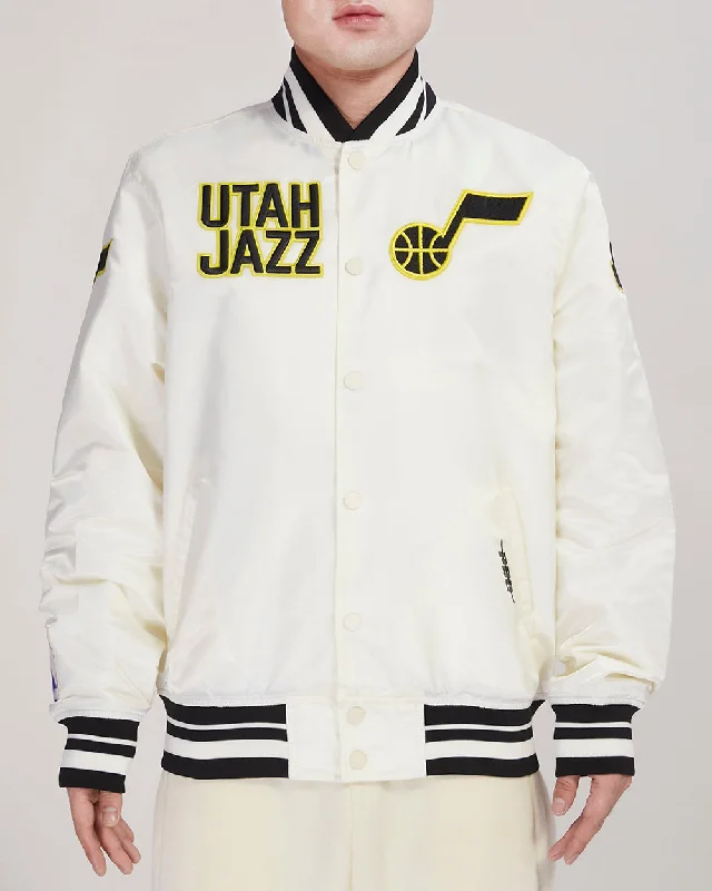 Weekend Deal NBA UTAH JAZZ RETRO CLASSIC MEN'S RIB SATIN JACKET (EGGSHELL/ BLACK)