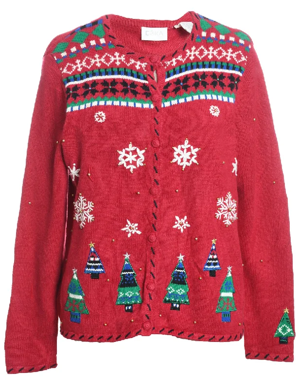 Amazing Value Red Embroidered Christmas Cardigan  - M
