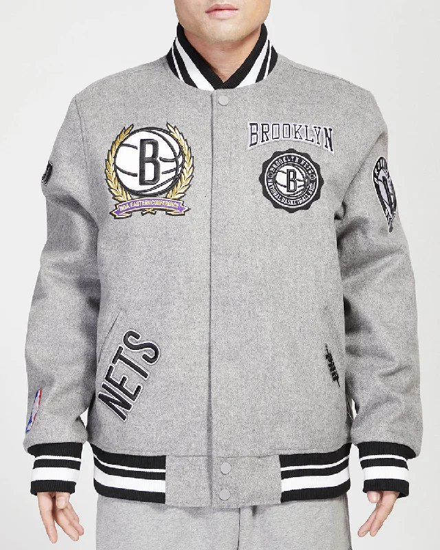 Don't Miss Out NBA BROOKLYN NETS CREST EMBLEM MEN'S RIB WOOL VARSITY JACKET (HEATHER GRAY/BLACK)