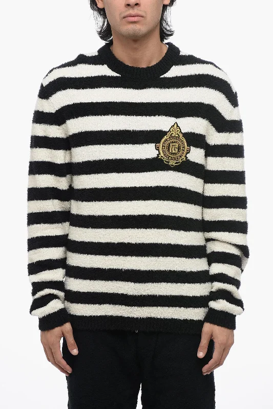 Balmain Striped Crewneck Sweater With Embroidered Logo