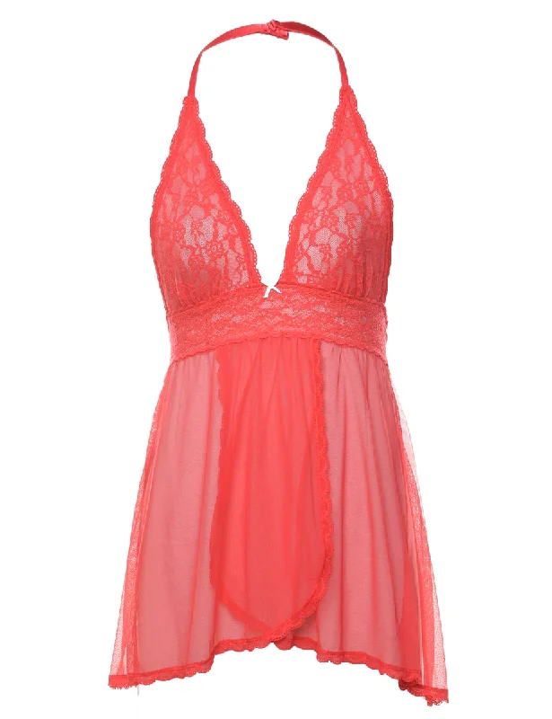 Deal of the Day Red 1990s Lace Halterneck Sheer Babydoll - M