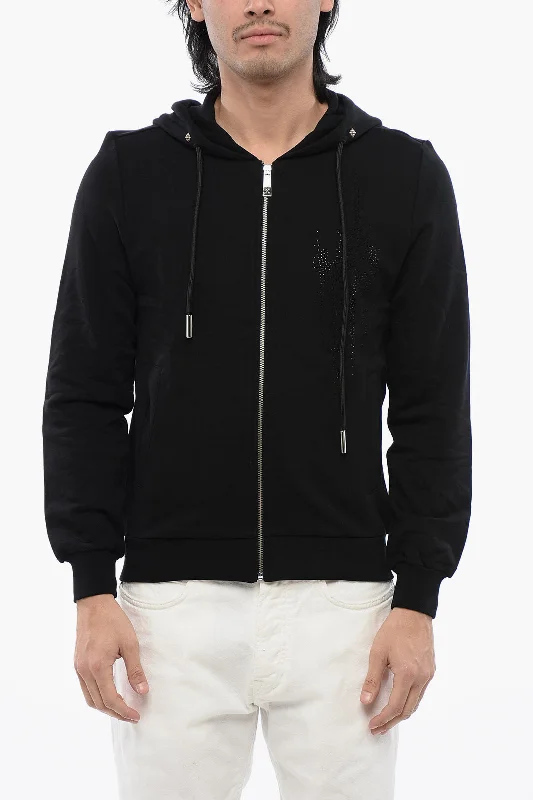 John Richmond Brushed Cotton Zipped Hoodie With Strass Tribal