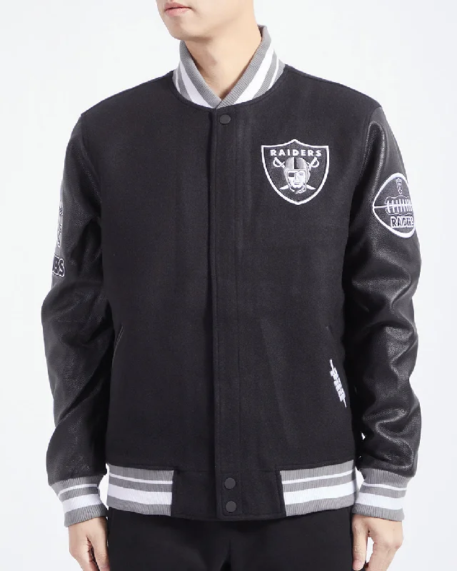 Weekend Steals Await NFL LAS VEGAS RAIDERS OLD ENGLISH MEN'S RIB WOOL VARSITY JACKET (BLACK/GRAY)