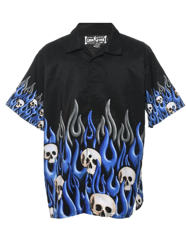 Short-Sleeve Black & Blue Y2K Skull Design Shirt - XL