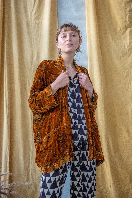 Year-End Clearance Kimono Ajrakh Velvet Gold Butterfly