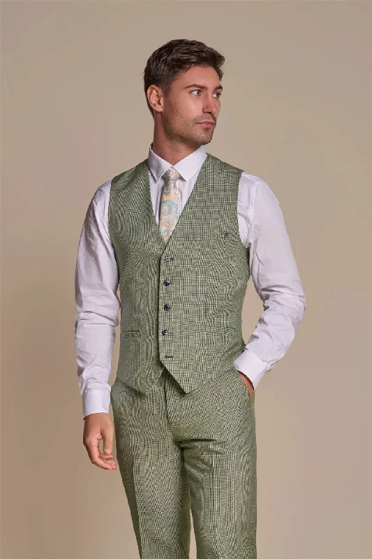Weekend Discounts to Love Men's Waistcoat Sage Green Checked Tailored Fit Vest