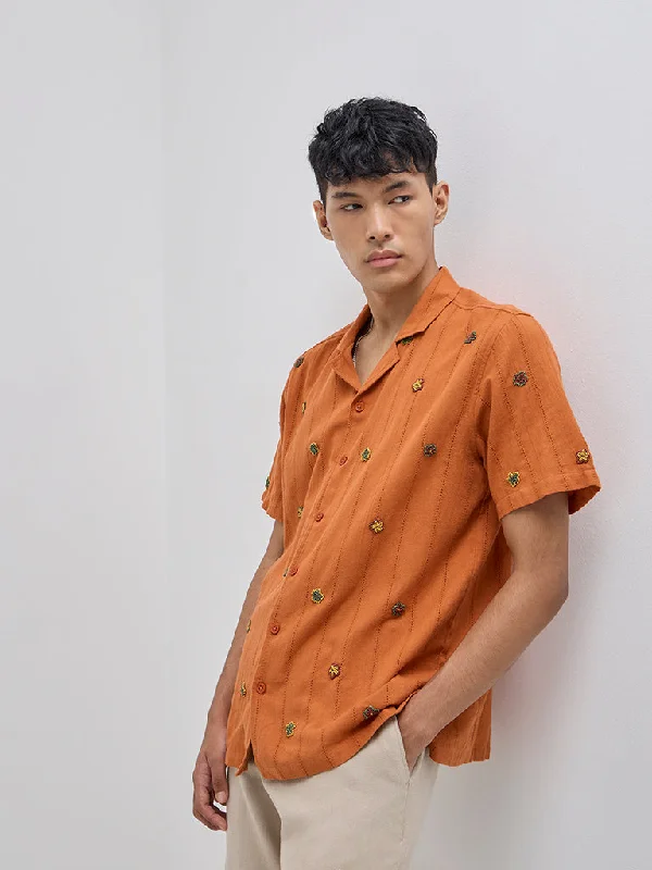 Act Now ETA Orange Floral Embroidered Relaxed-Fit Cotton Shirt