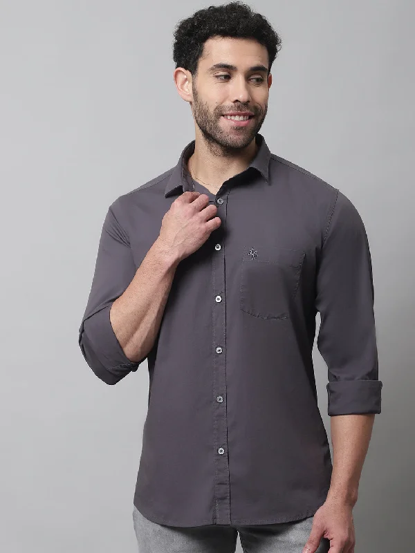 Men's Dark Grey Casual Plain Stretch Full Sleeve Shirt