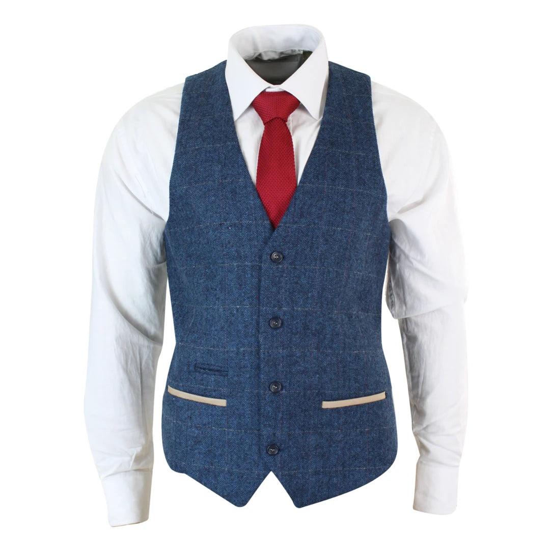 Time-Sensitive Mens Herringbone Tweed Vintage Check Waistcoat Velvet Trim Blue Brown Grey Time-Sensitive Mens Herringbone Tweed Vintage Check Waistcoat Velvet Trim Blue Brown Grey