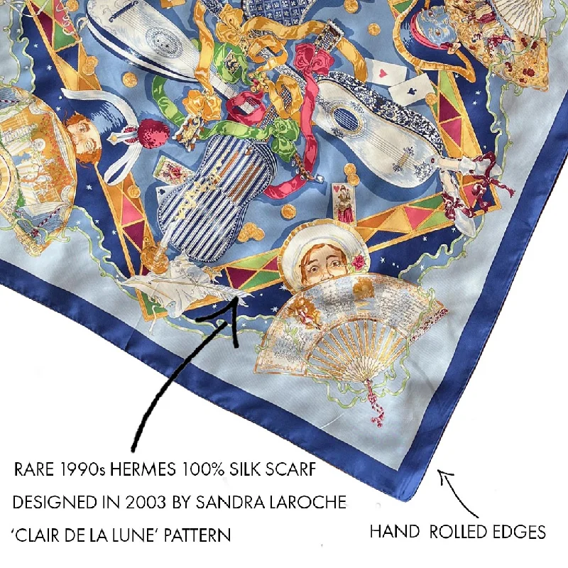 Big Savings Rare Hermes c2003 'Au Clair De La Lune' Pattern 100%  Silk Scarf