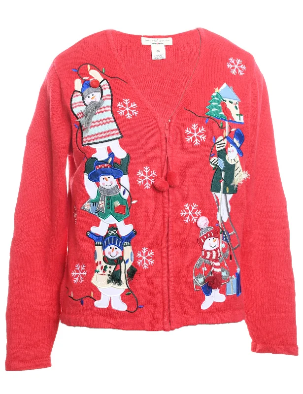 Savings Event Red Knit Snowman Design Christmas Cardigan - M
