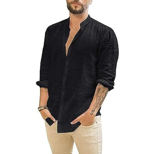 Mens Summer Casual Long Sleeve Cotton Linen T-Shirt