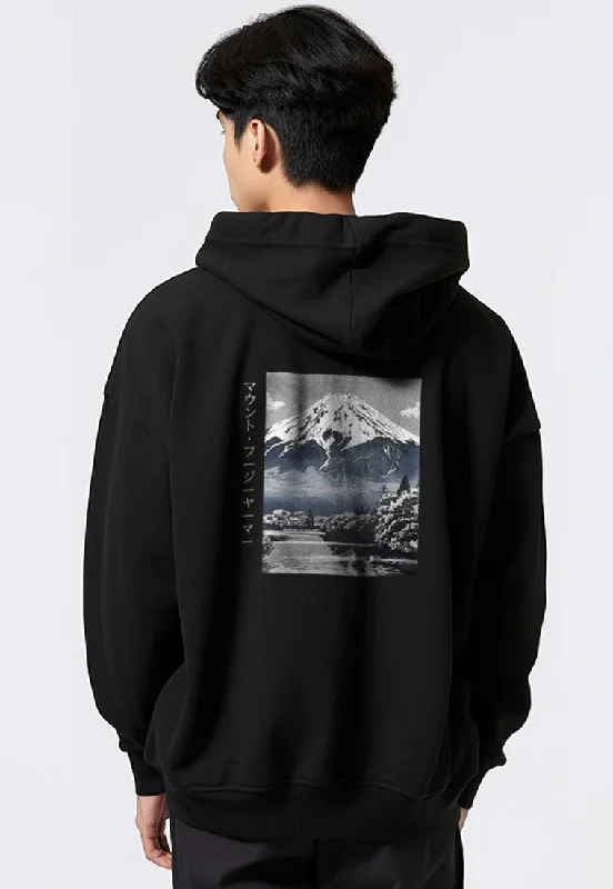 Overstock Sale MOB07 Hoodie Gambar Belakang Keren Gunung Fuji Bahan Scuba Hitam