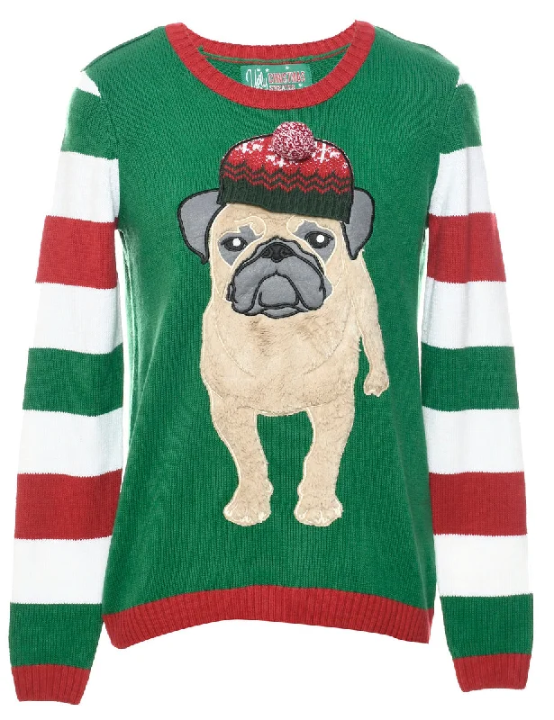 Massive Deal Pug Patchwork Dark Green Christmas Jumper - M