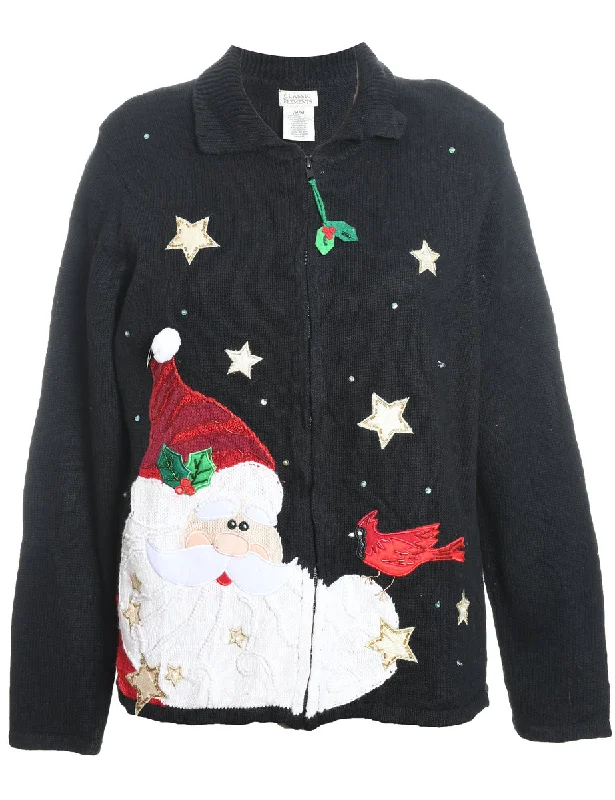 Santa Claus Design Black Embroidered Christmas Cardigan - M