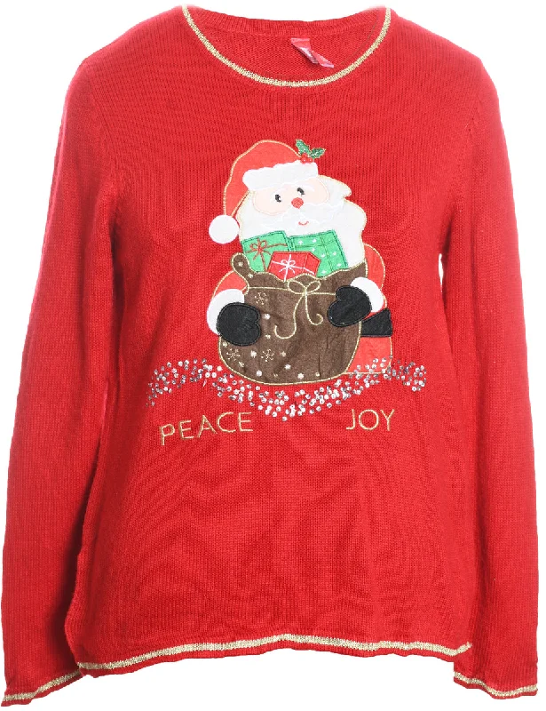 Santa Claus Design Red Embroidered Knit Christmas Jumper - M