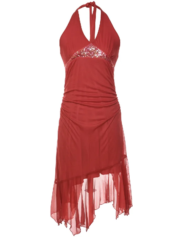 Savings Event Red & Silver Diamanté Detail Y2K Evening Dress - M