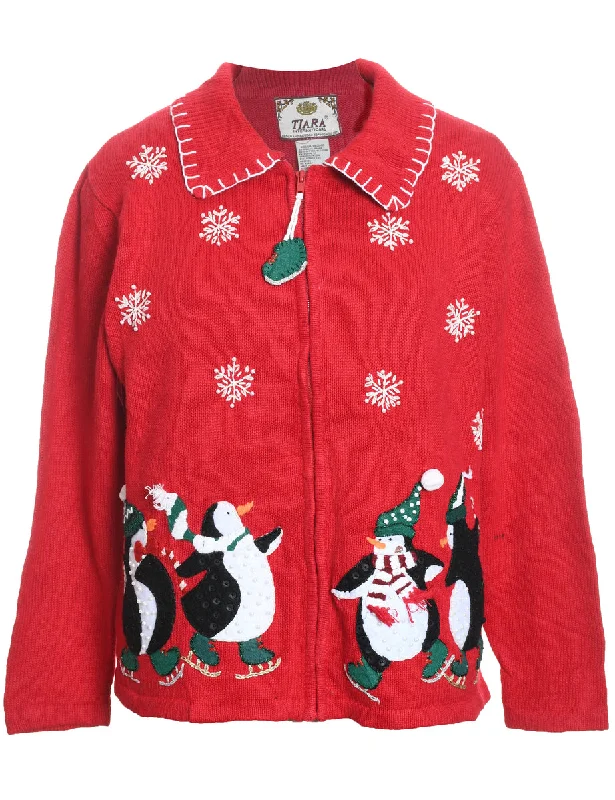 Daily Special Red Embroidered Zip-Front Christmas Cardigan  - M