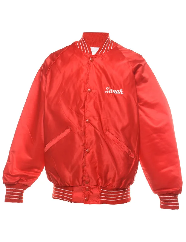 Take Action Red & White Embroidered 1985 Zip-Front Bomber Jacket - M
