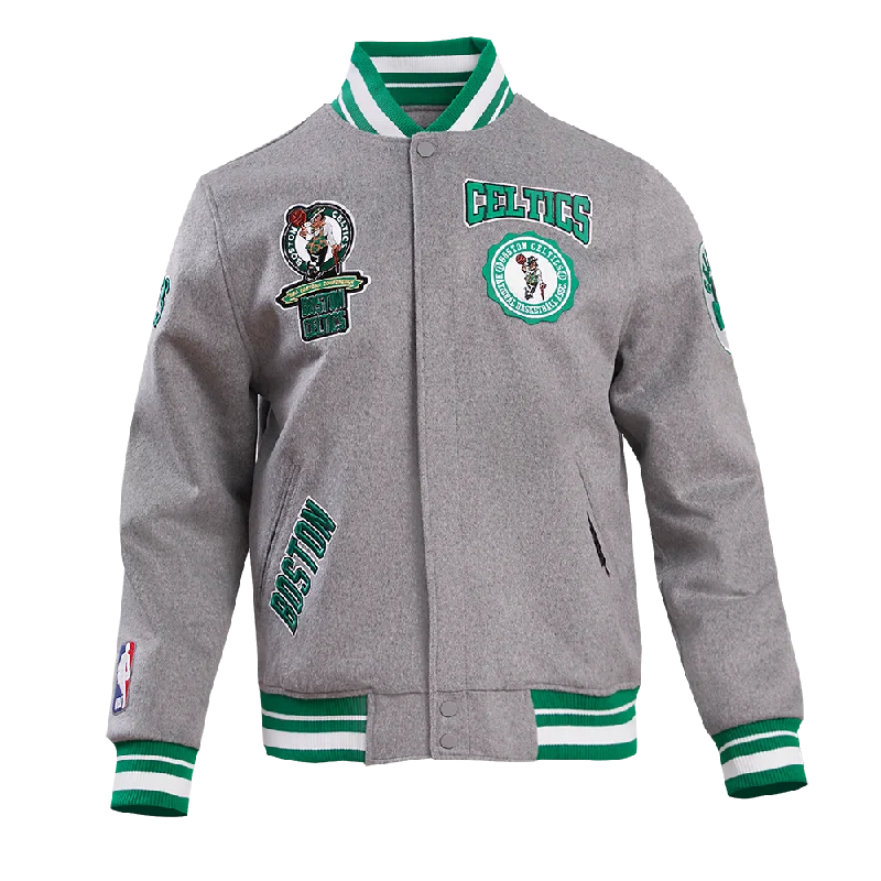 New Arrival NBA BOSTON CELTICS CREST EMBLEM MEN'S RIB WOOL VARSITY JACKET (HEATHER GREY/GREEN)