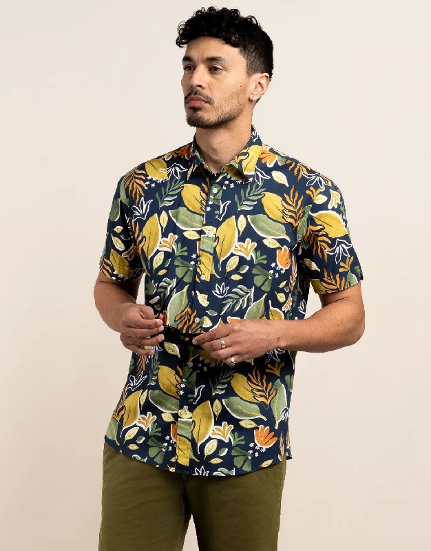 Waihi Navy Large Painted Leaf Print Short Sleeve Shirt