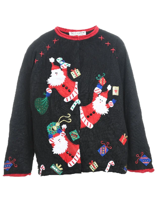 Santa Claus Design Black Appliqued Christmas Jumper - M