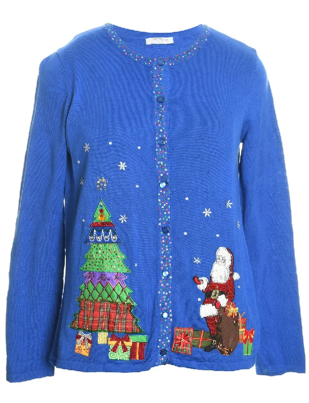 Santa Claus Design Blue Sparkly Christmas Cardigan - M