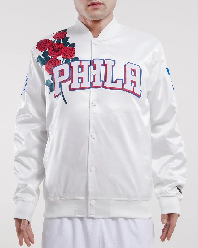 Top Pick NBA PHILADELPHIA 76ERS ROSES MEN'S SATIN JACKET (WHITE)