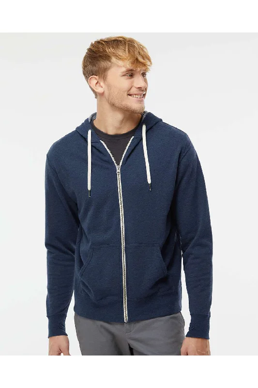 Weekend Deal Independent Trading Co. Mens French Terry Full Zip Hooded Sweatshirt Hoodie w/ Pockets - Heather Navy Blue