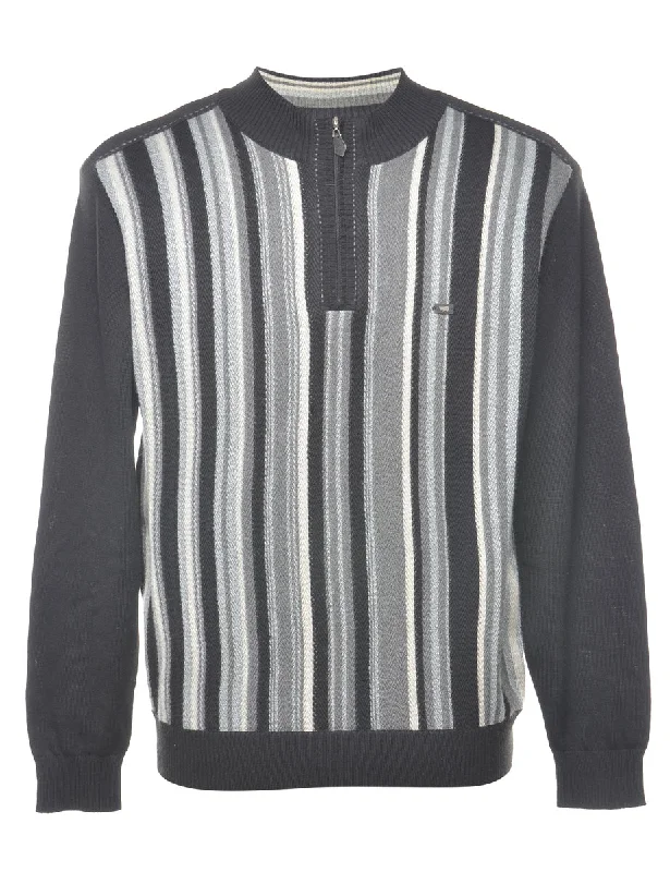 Exclusive Deal Quarter-Zip Blue, Cream & Black Striped Jumper - M
