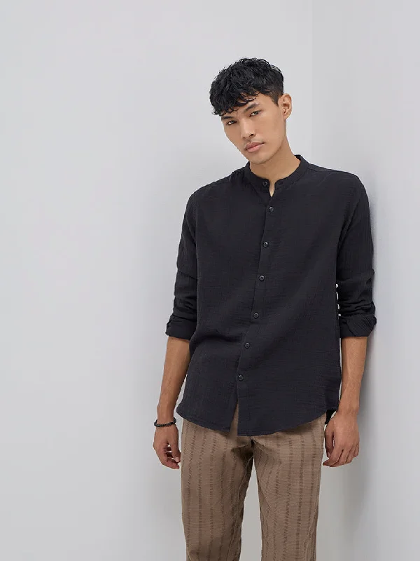 Lowest Rates ETA Black Crinkle Textured Resort-Fit Cotton Shirt