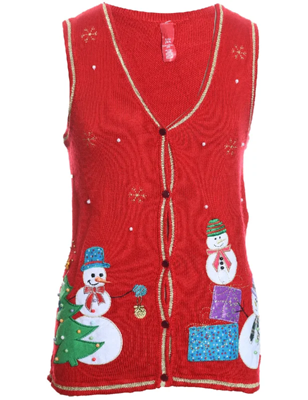 Crazy Savings Red Embroidered Snowman Design Knit Vest - S