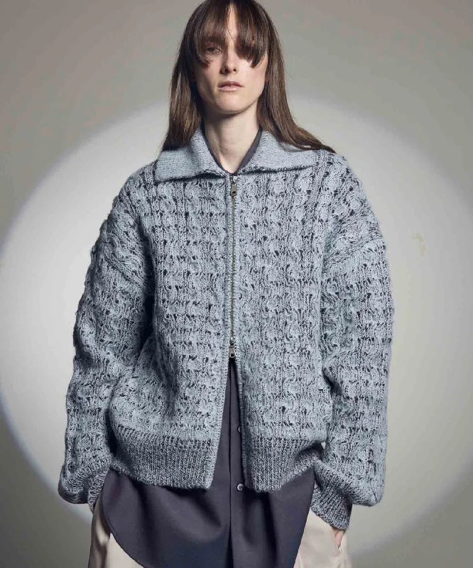 Don't Miss Out Prime-Over Mohair Mixed Plating Cable Knit Zip Blouson