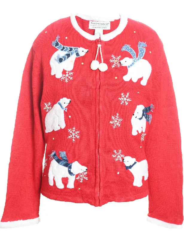 New Arrival Polar Bear Design Red & White Appliqued Christmas Cardigan - L