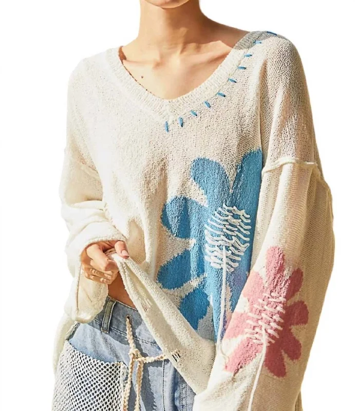 Distressed Floral Sweater In Ivory